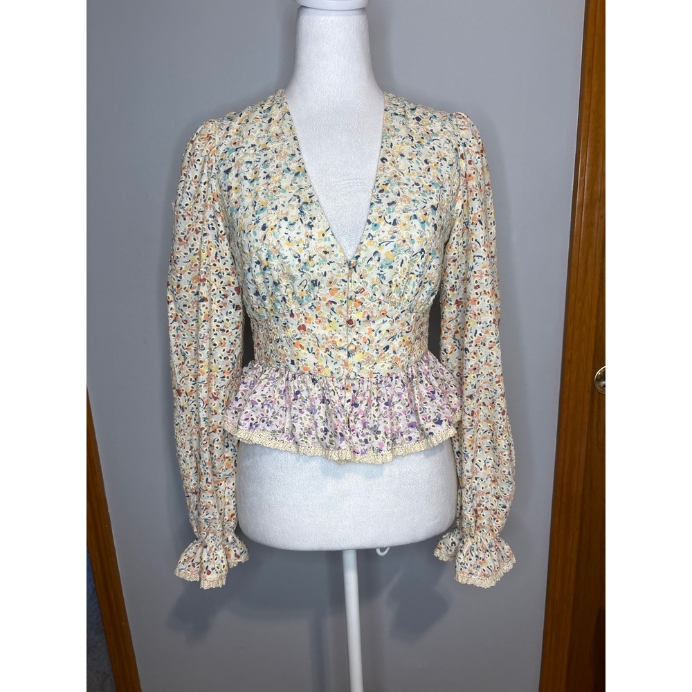 English Factory Floral Eyelet Cotton Peplum Top V-Neck Long Sleeve XS